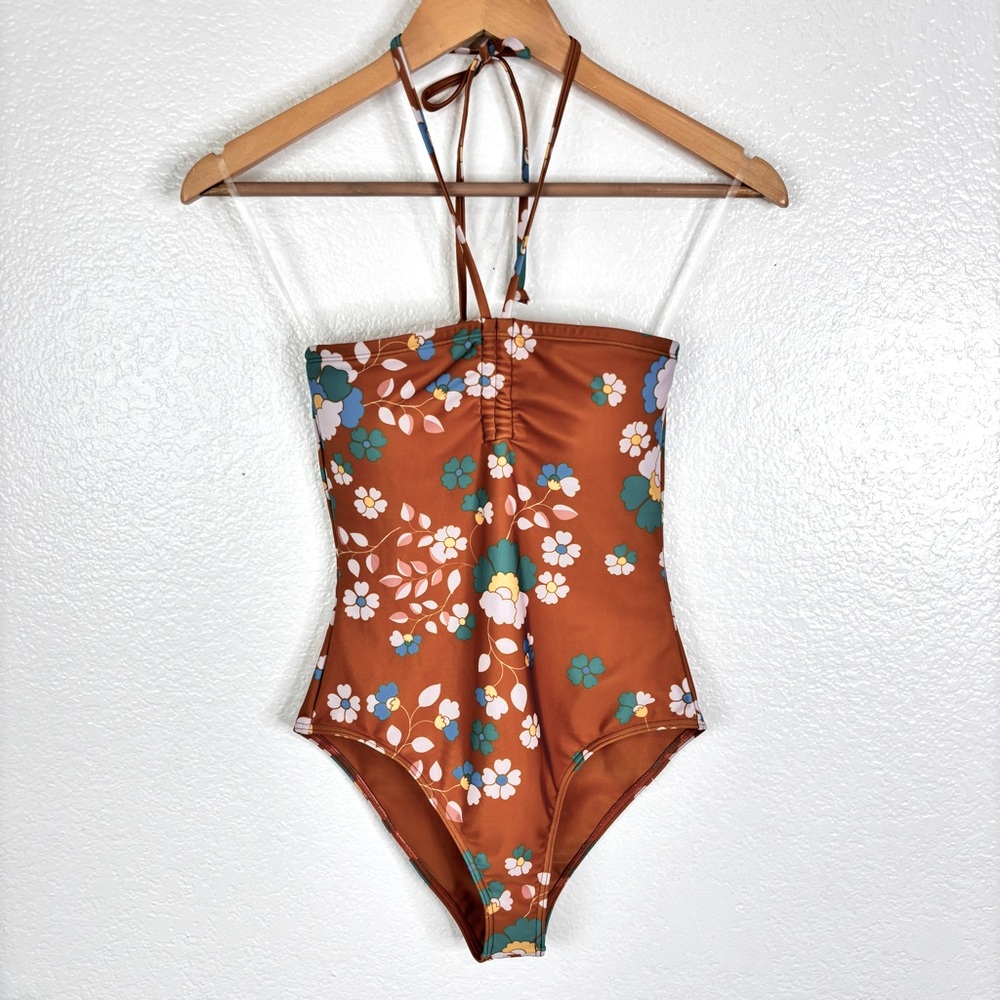 Strapless Floral One-Piece Swimsuit - Rust Floral - Picture 3 of 11
